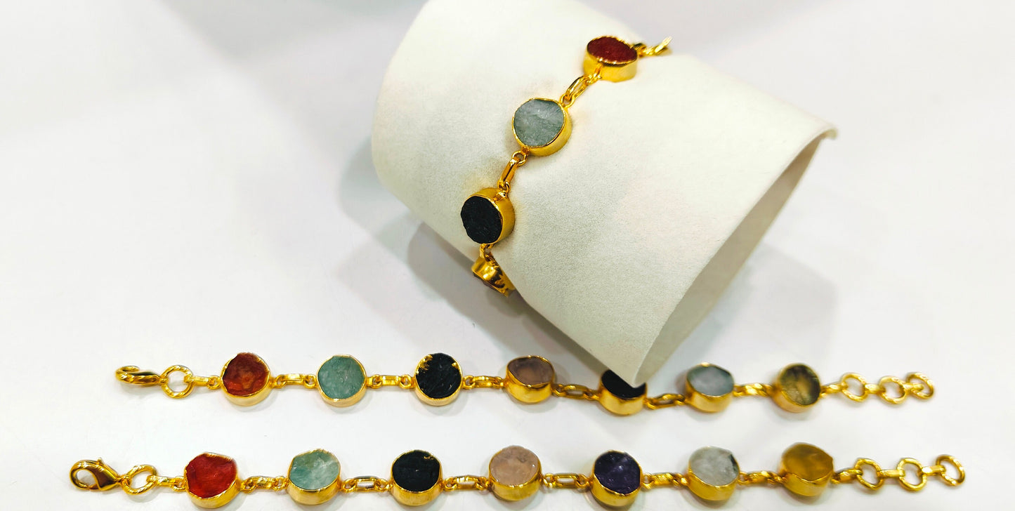 Handmade Gemstone Bracelet Multi Color Round 8mm Stones with Link Chain Gold Plated 7inches long including 1 inch extender