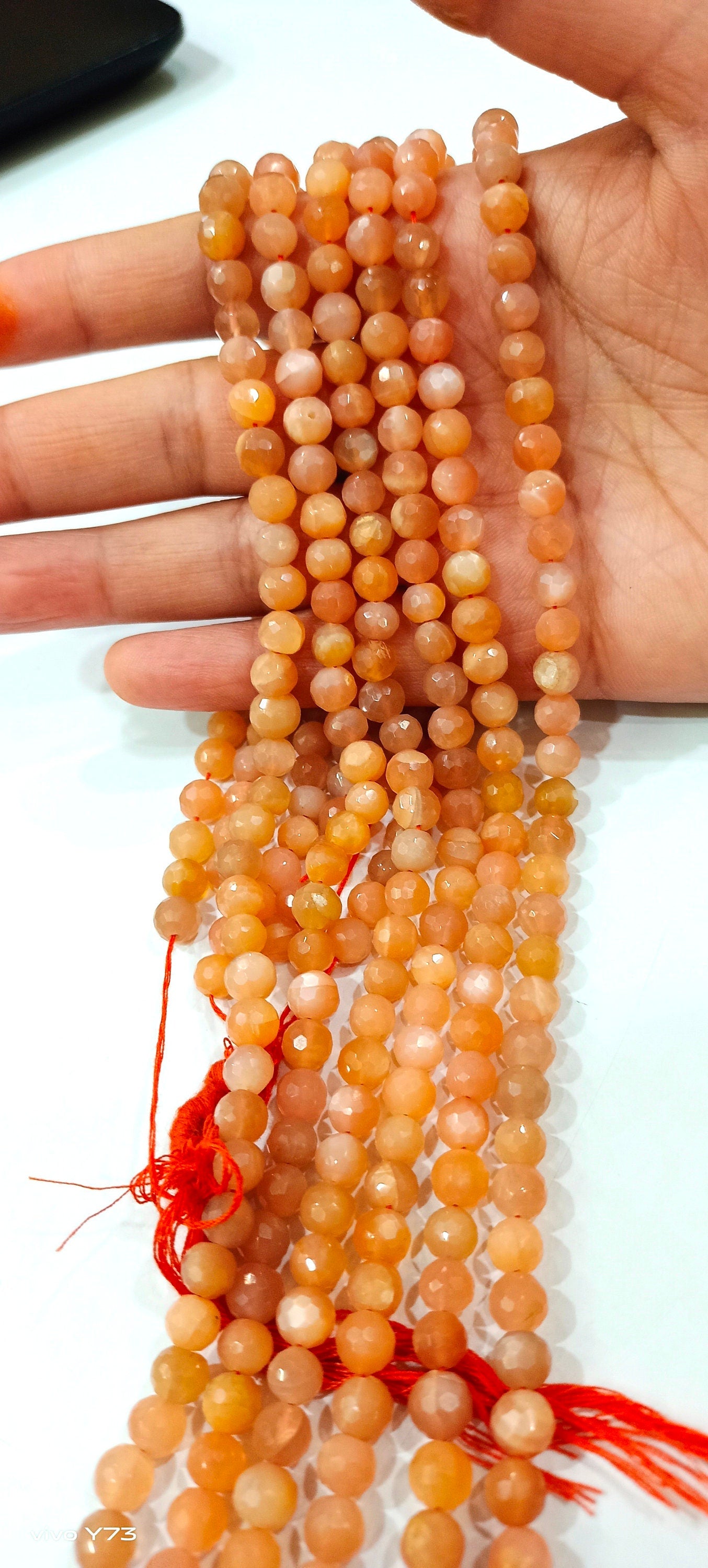 Natural Peach moonstone  Round Shape  Briolette Faceted 5-6mm Beads For Jewelry Making Sold Per Strand 14 Inches Long