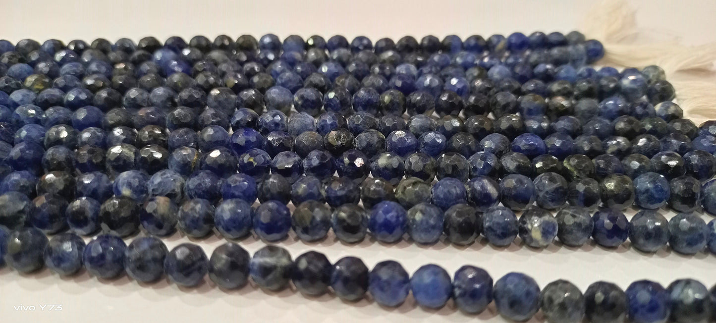 Natural Sodalite   Round Shape  Briolette Faceted 5-6mm Beads For Jewelry Making Sold Per Strand 14 Inches Long