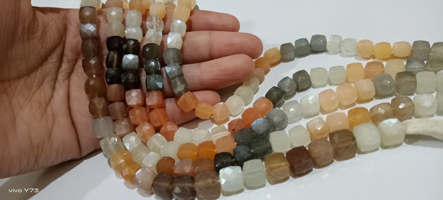 Natural Multicolor Moonstone Faceted Cut box Shape Beads 7 to 8mm Cube Shape Beads Strand 14 Inches Long Wholesale Price
