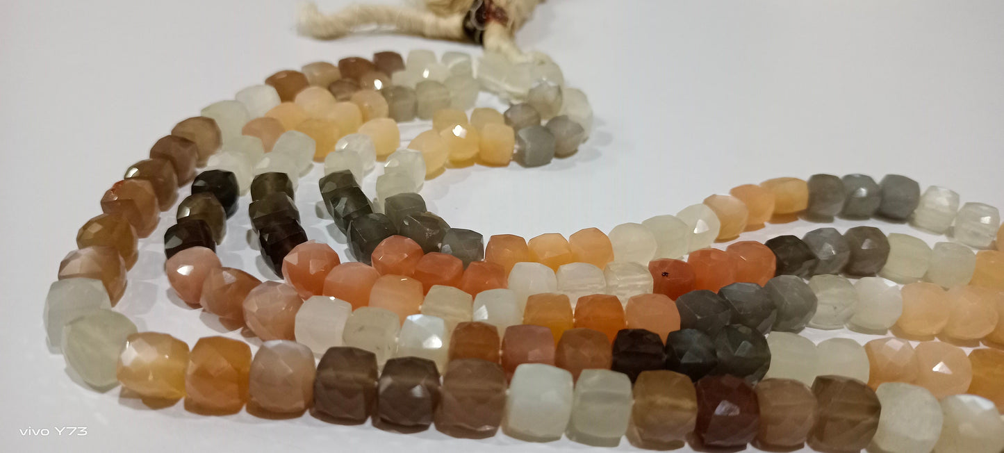 Natural Multicolor Moonstone Faceted Cut box Shape Beads 7 to 8mm Cube Shape Beads Strand 14 Inches Long Wholesale Price