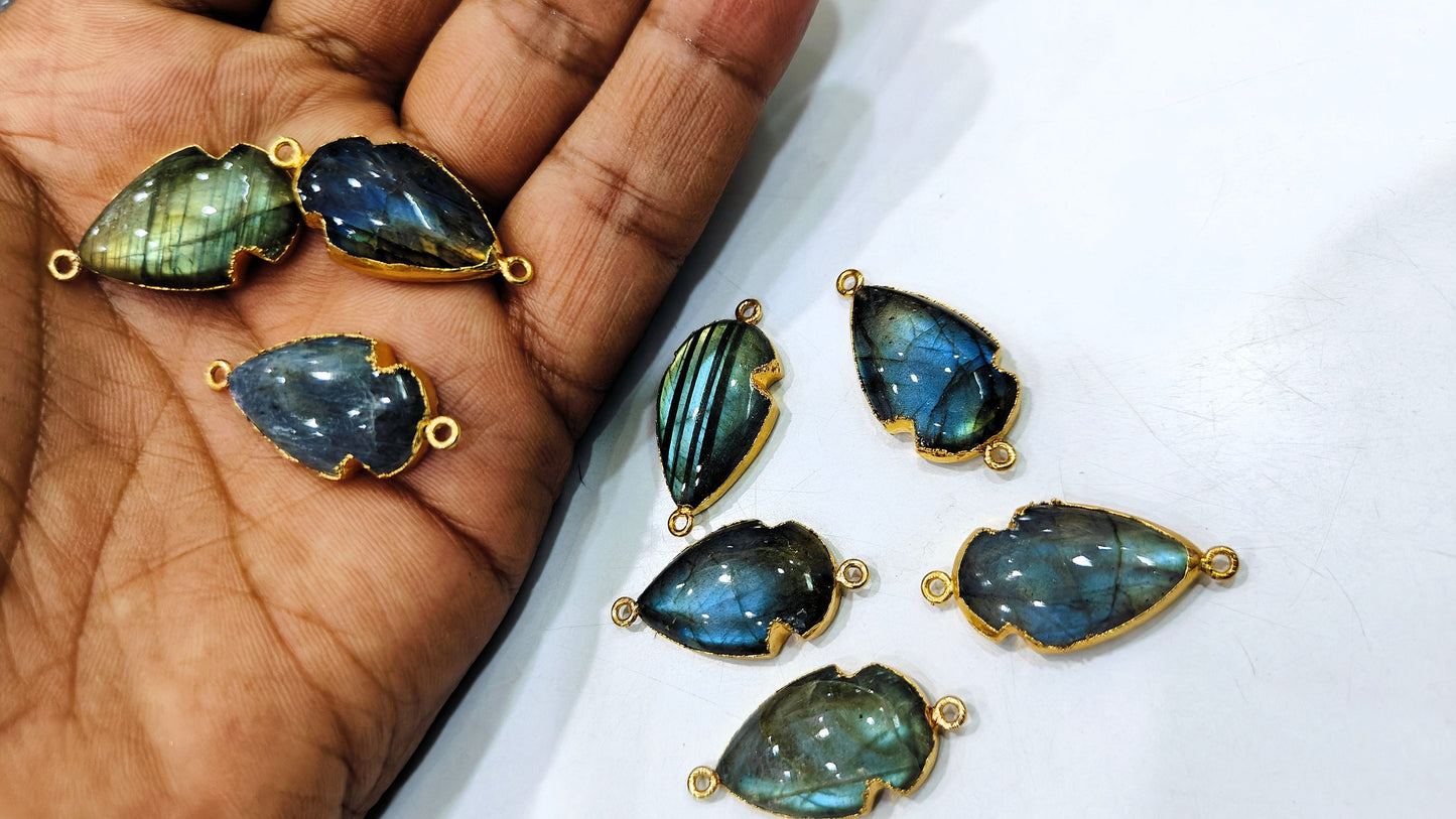 Natural Labradorite Blue Flashy Arrowhead Size 30x15mm Cabochon Connectors Double Loop Bezel Charms Gold Electroplated sold per piece