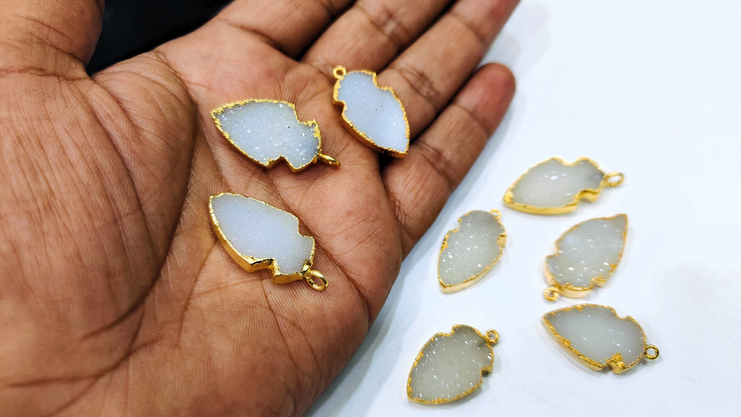 Natural White Druzy Gemstone Arrowhead Size 30x15mm Cabochon Connectors Single Loop Bezel Charm pendant Gold Electroplated sold per piece