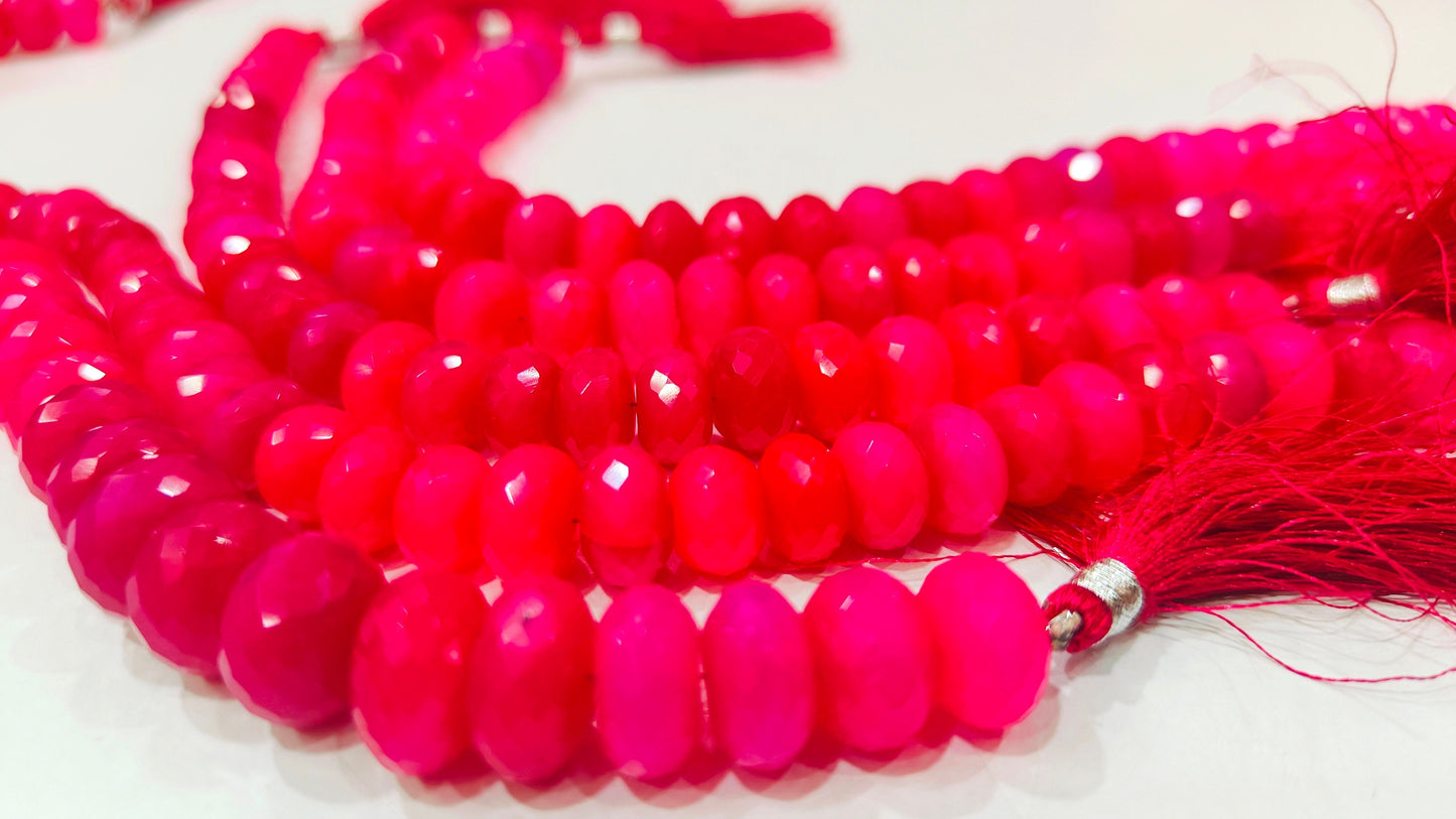 Natural Chalcedony Hot Pink Color Rondelle Faceted Beads, pink Onyx Beads Size 9 to 12 mm You Choose, Strand 10 inches Long gemstone Beads