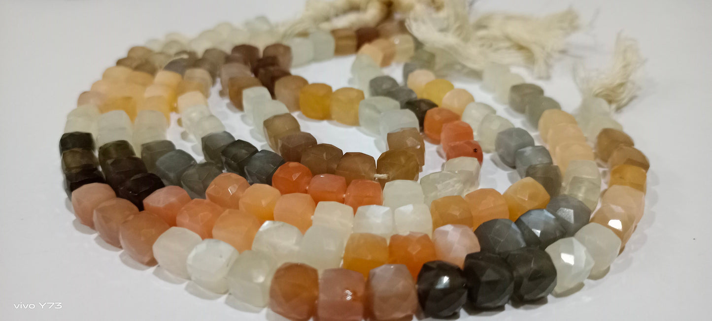 Natural Multicolor Moonstone Faceted Cut box Shape Beads 7 to 8mm Cube Shape Beads Strand 14 Inches Long Wholesale Price
