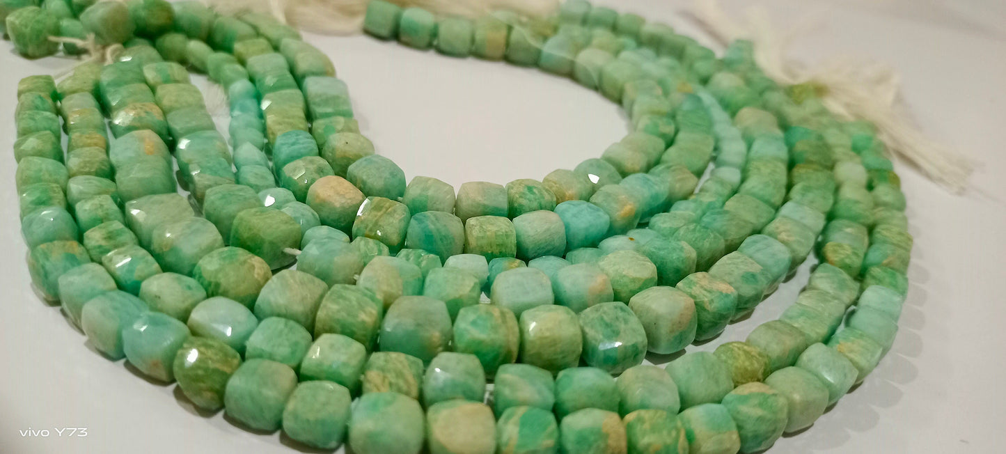 Natural Amazonite Faceted Cut Box Shape Beads 6 to 8mm Cube Shape Beads Strand 14 Inches Long Wholesale Price