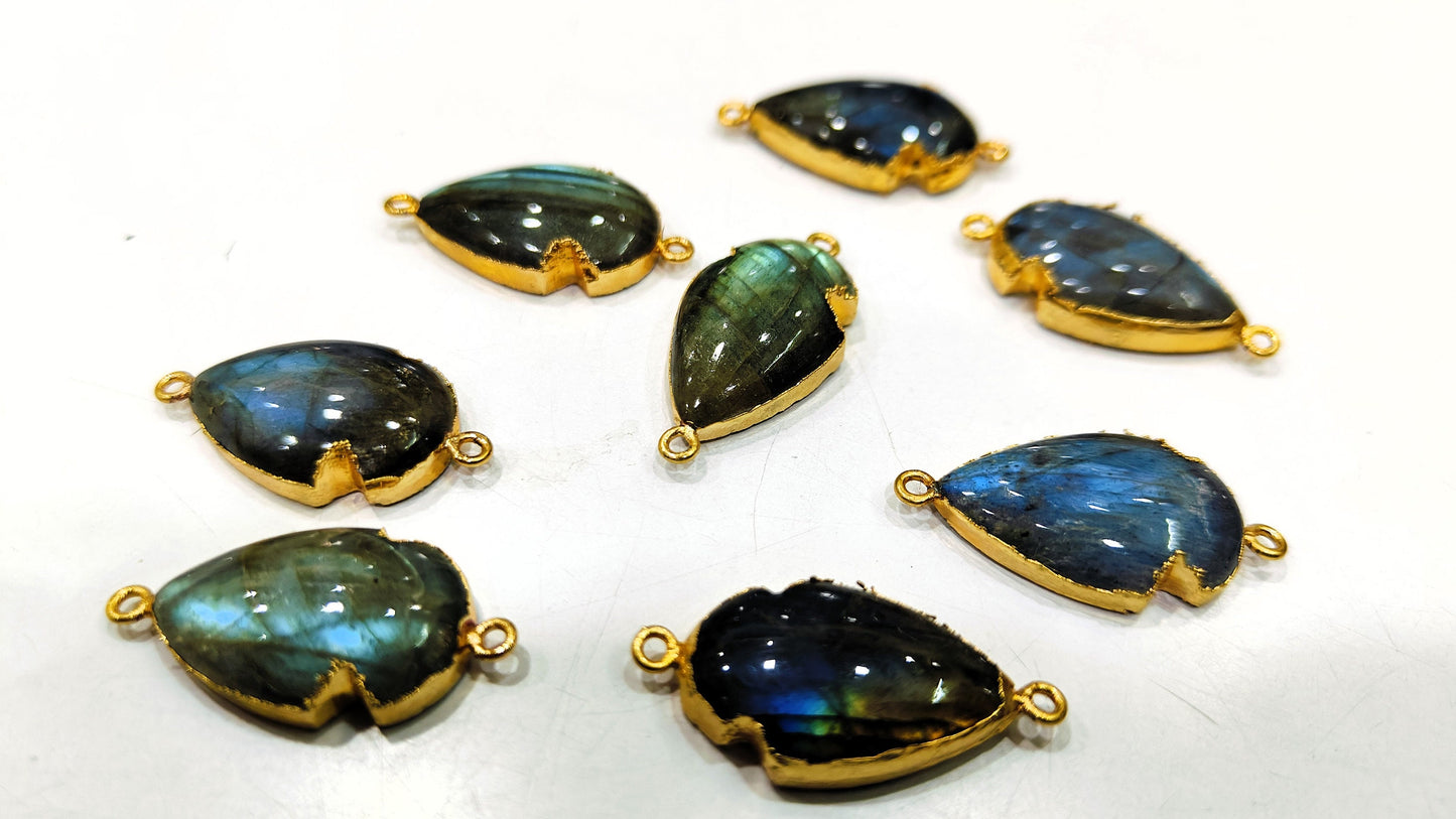 Natural Labradorite Blue Flashy Arrowhead Size 30x15mm Cabochon Connectors Double Loop Bezel Charms Gold Electroplated sold per piece
