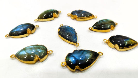 Natural Labradorite Blue Flashy Arrowhead Size 30x15mm Cabochon Connectors Double Loop Bezel Charms Gold Electroplated sold per piece