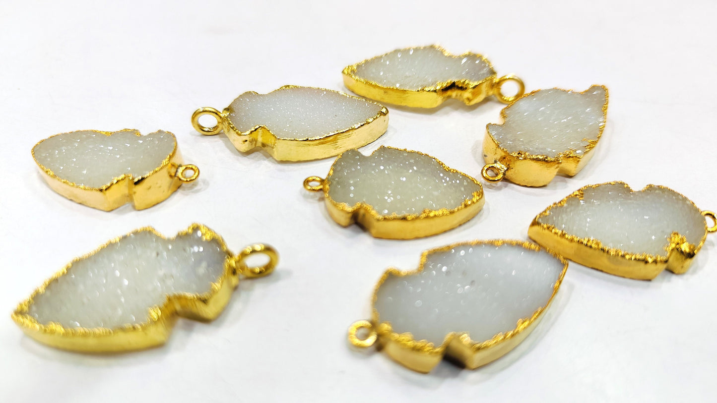 Natural White Druzy Gemstone Arrowhead Size 30x15mm Cabochon Connectors Single Loop Bezel Charm pendant Gold Electroplated sold per piece