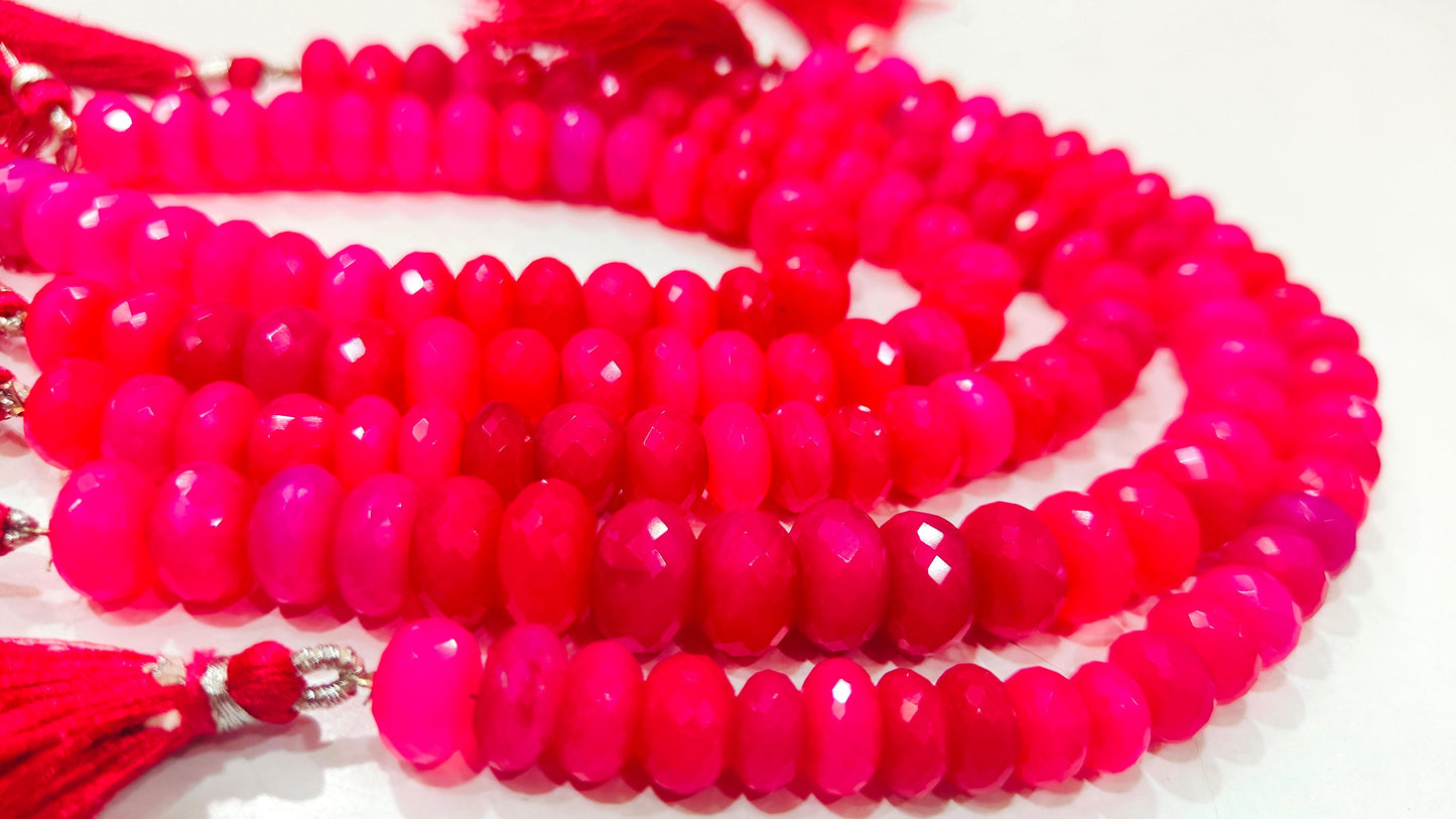 Natural Chalcedony Hot Pink Color Rondelle Faceted Beads, pink Onyx Beads Size 9 to 12 mm You Choose, Strand 10 inches Long gemstone Beads