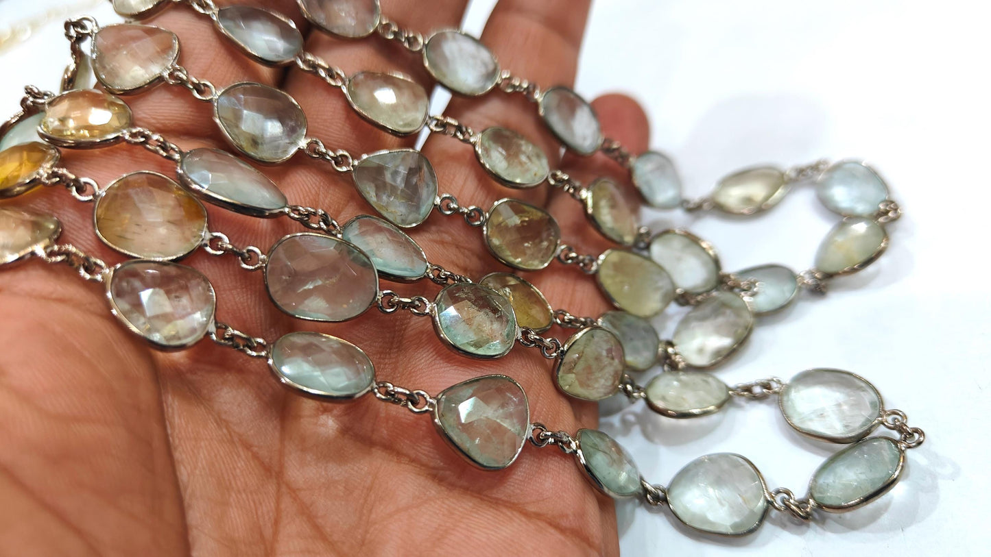 Natural Multi Aquamarine Briolette Connector Chain Free Shape Bezel  Chain 12 to 15 mm Gemstone Handmade Chain sold per foot