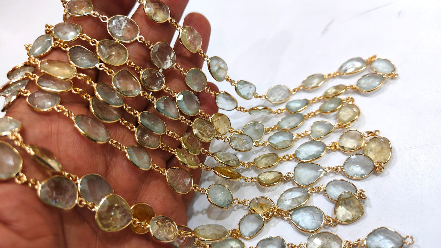 Natural Multi Aquamarine Briolette Connector Chain Free Shape Bezel  Chain 12 to 15 mm Gemstone Handmade Chain sold per foot