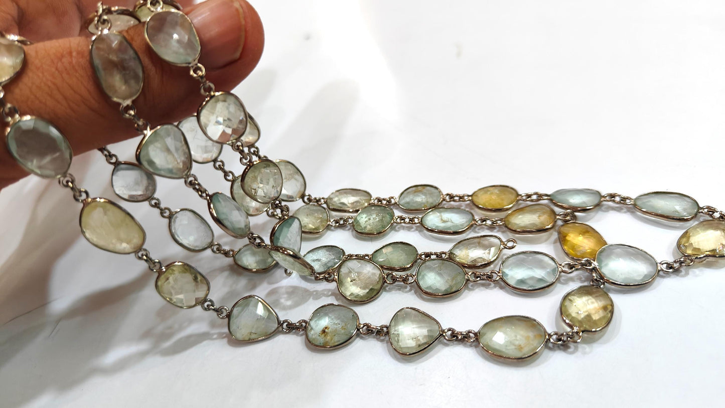 Natural Multi Aquamarine Briolette Connector Chain Free Shape Bezel  Chain 12 to 15 mm Gemstone Handmade Chain sold per foot