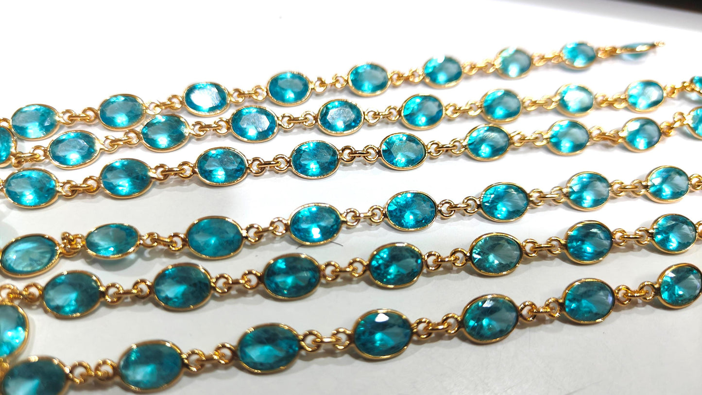 Blue Topaz Cubic Zirconia Briolette Oval Shape 6x8mm Bezel Gold Handmade Tiff Connector Chain sold per foot