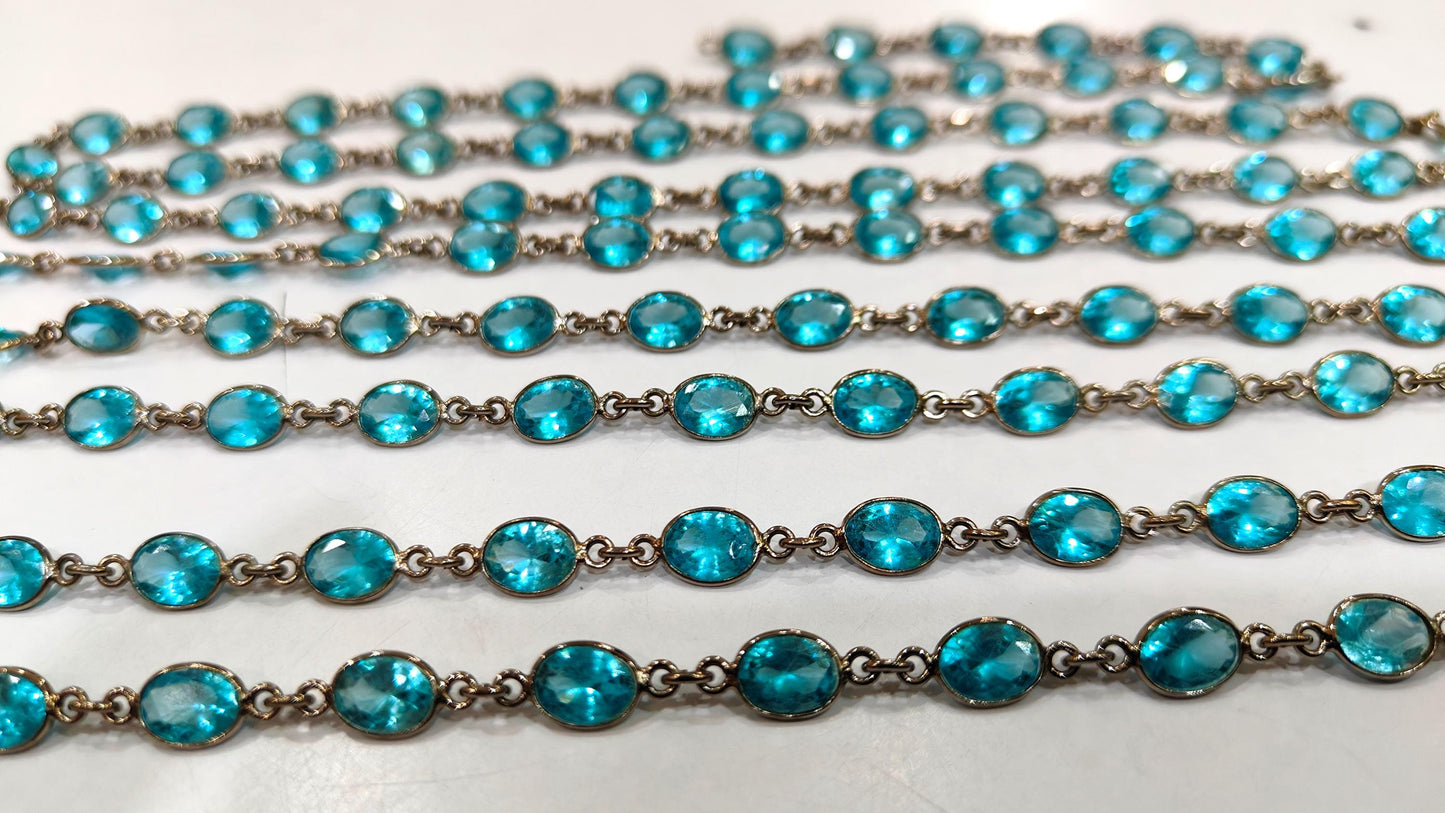 Blue Topaz Cubic Zirconia Briolette Oval Shape 6x8mm Bezel Gold Handmade Tiff Connector Chain sold per foot