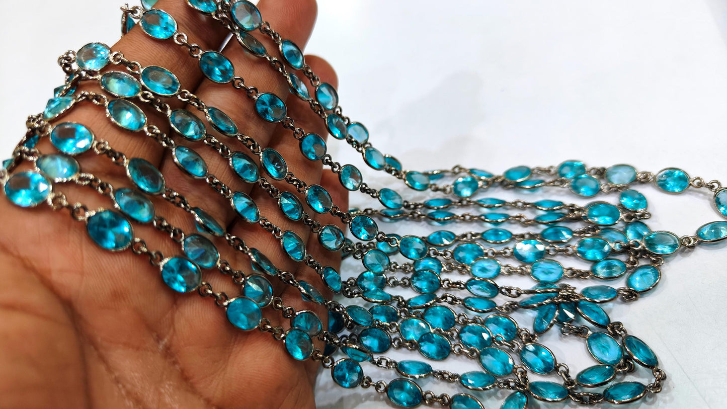 Blue Topaz Cubic Zirconia Briolette Oval Shape 6x8mm Bezel Gold Handmade Tiff Connector Chain sold per foot