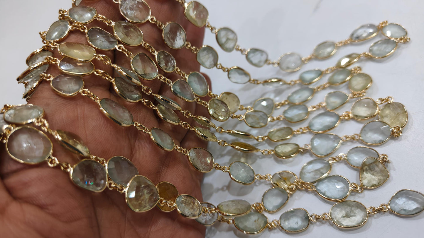 Natural Multi Aquamarine Briolette Connector Chain Free Shape Bezel  Chain 12 to 15 mm Gemstone Handmade Chain sold per foot