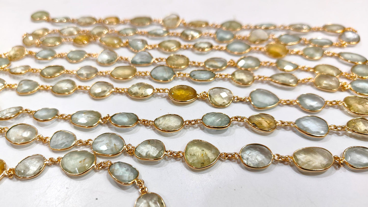 Natural Multi Aquamarine Briolette Connector Chain Free Shape Bezel  Chain 12 to 15 mm Gemstone Handmade Chain sold per foot
