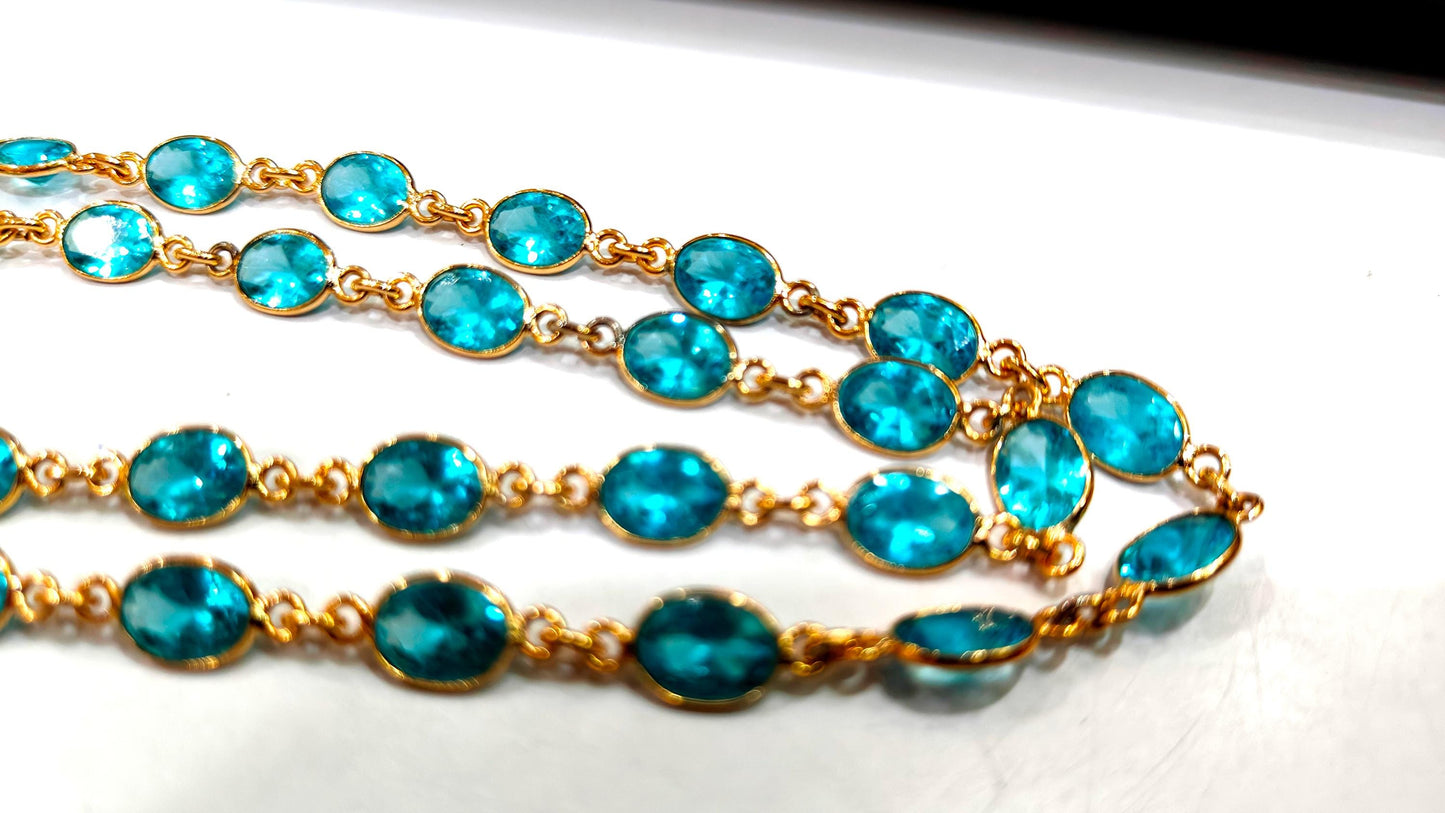 Blue Topaz Cubic Zirconia Briolette Oval Shape 6x8mm Bezel Gold Handmade Tiff Connector Chain sold per foot