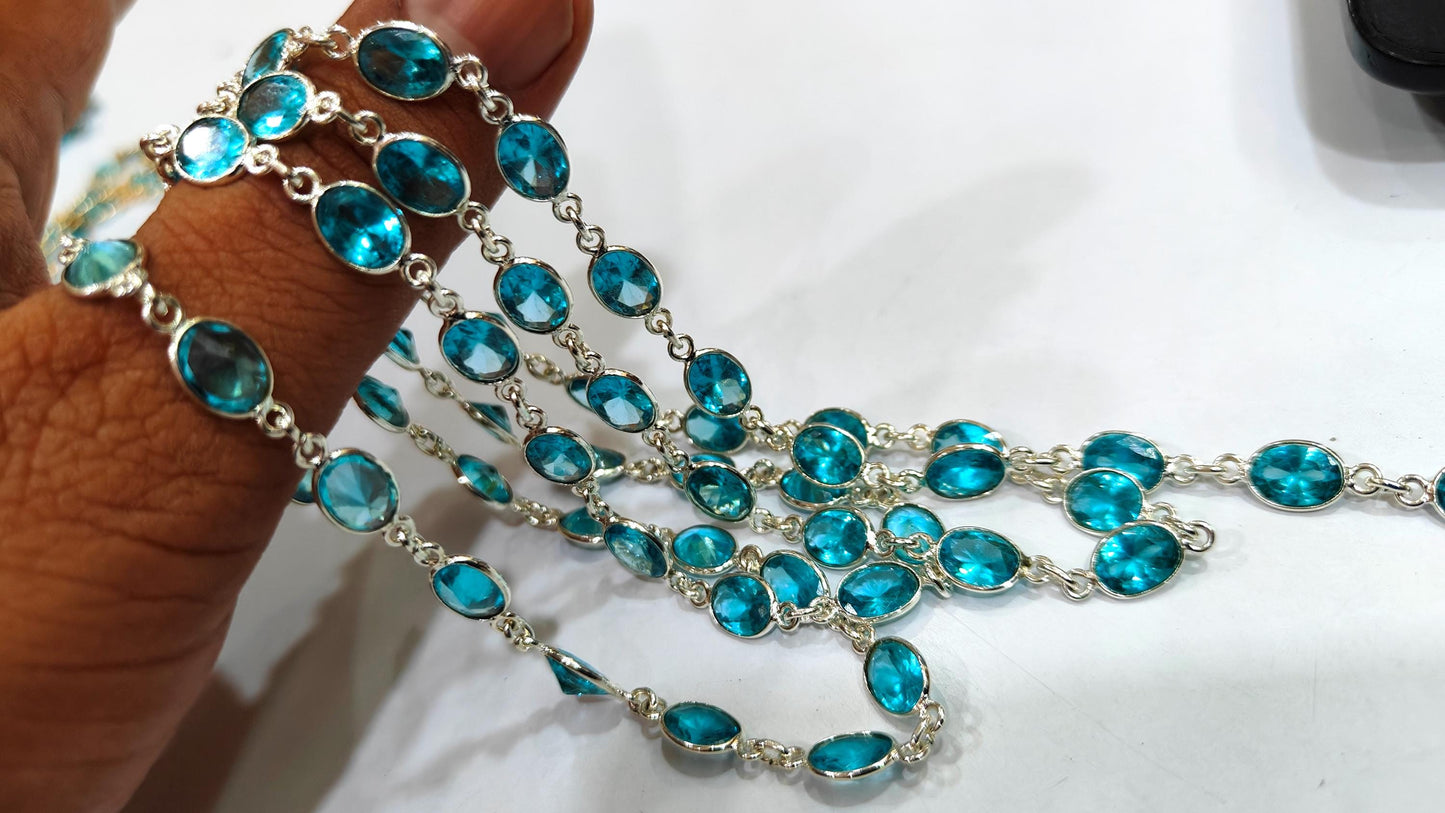 Blue Topaz Cubic Zirconia Briolette Oval Shape 6x8mm Bezel Gold Handmade Tiff Connector Chain sold per foot