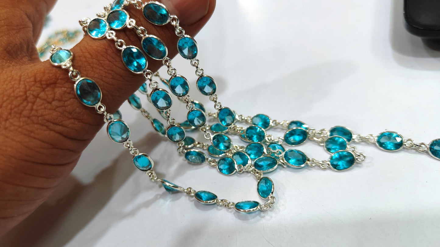 Blue Topaz Cubic Zirconia Briolette Oval Shape 6x8mm Bezel Gold Handmade Tiff Connector Chain sold per foot