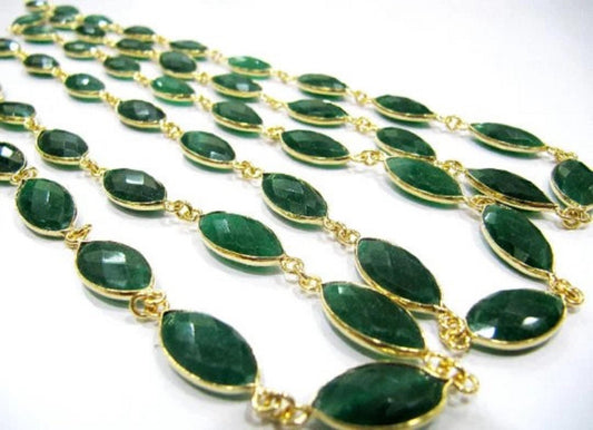 Emerald Marquise Shape Briolette Faceted Bezel Connector Chain 9x15mm Gold Plated Sold Per Foot Wholesale Prices Chain
