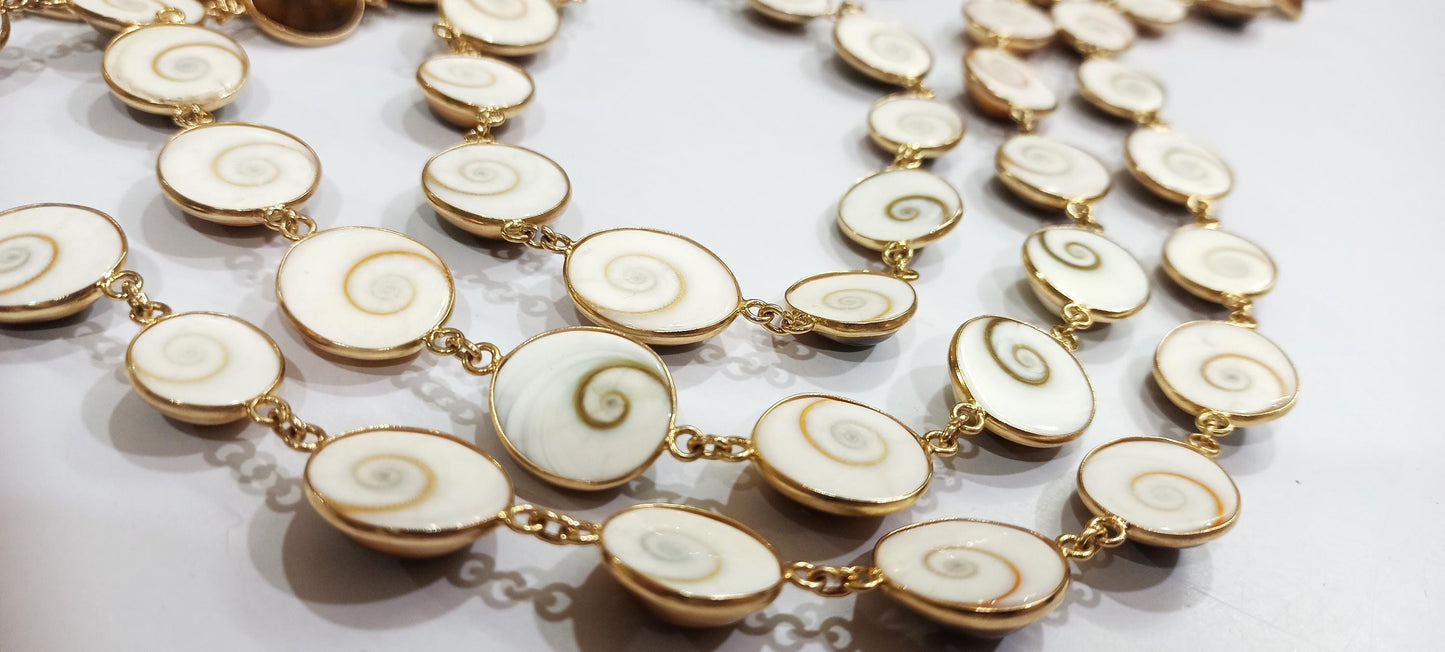 Shiva Eye Round Cabochon 12 to 18mm Shell Beads Raw Organic Fossil Domed Coin Bezel Connector Chain Sold Per Foot Gold Plated.