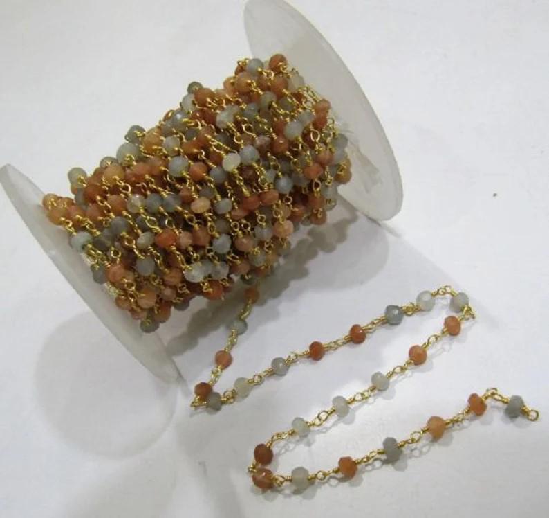 Multi Color Moonstone Rondelle Faceted  3-4mm Beaded Rosary Wire Wrapped Aati Chain Wholesale Prices gemstone Handmade chain sold per Foot