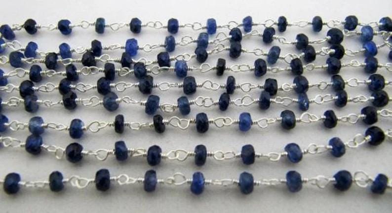 Natural Blue Sapphire  Rondelle Faceted 3-4mm Beads Wire Wrapped Sterling Silver Rosary Chain Wholesale Prices Jewelry chain sold per foot
