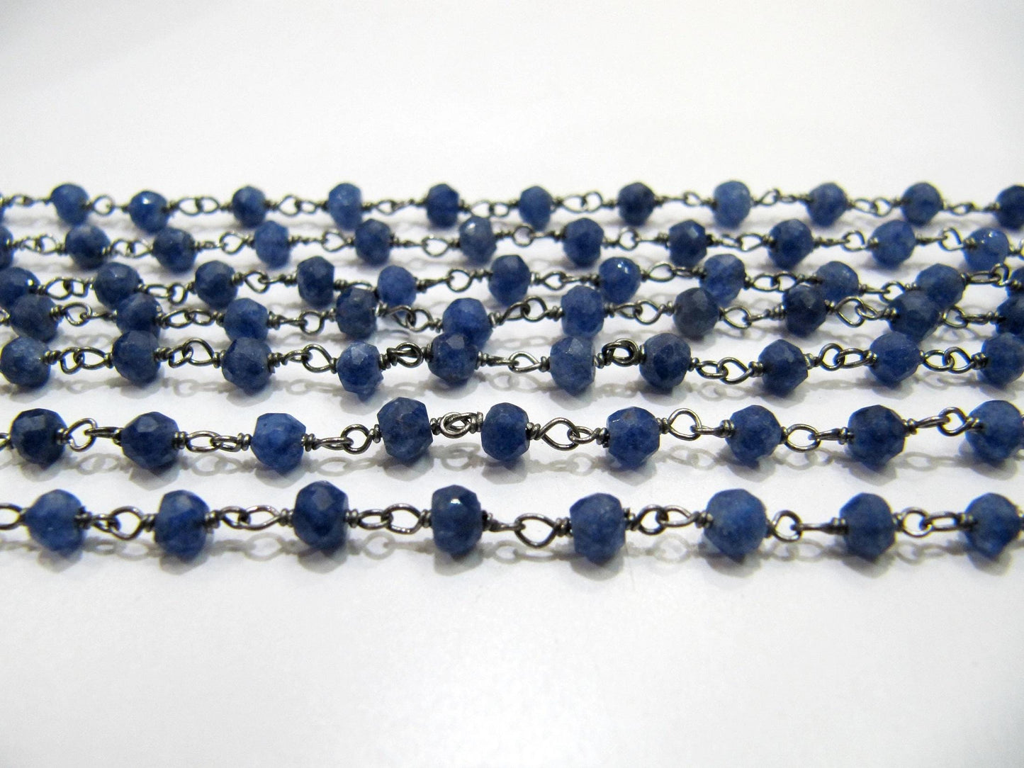 Natural Blue Sapphire  Rondelle Faceted 3-4mm Beads Wire Wrapped Sterling Silver Rosary Chain Wholesale Prices Jewelry chain sold per foot