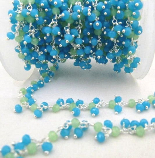 3 Ft- Green And Aqua Chalcedony Rondelle Faceted Beaded Dangling Thick  Chain 3mm Size Green Hydro Quartz Bead Rosary Chain Wholesale Prices