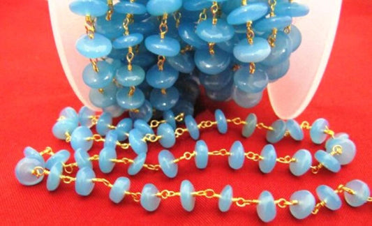 Natural Aqua Blue Chalcedony Smooth German Cut Rondelle wire wrapped beaded Rosary chain Sold Per Foot High Quality Wholesale Price