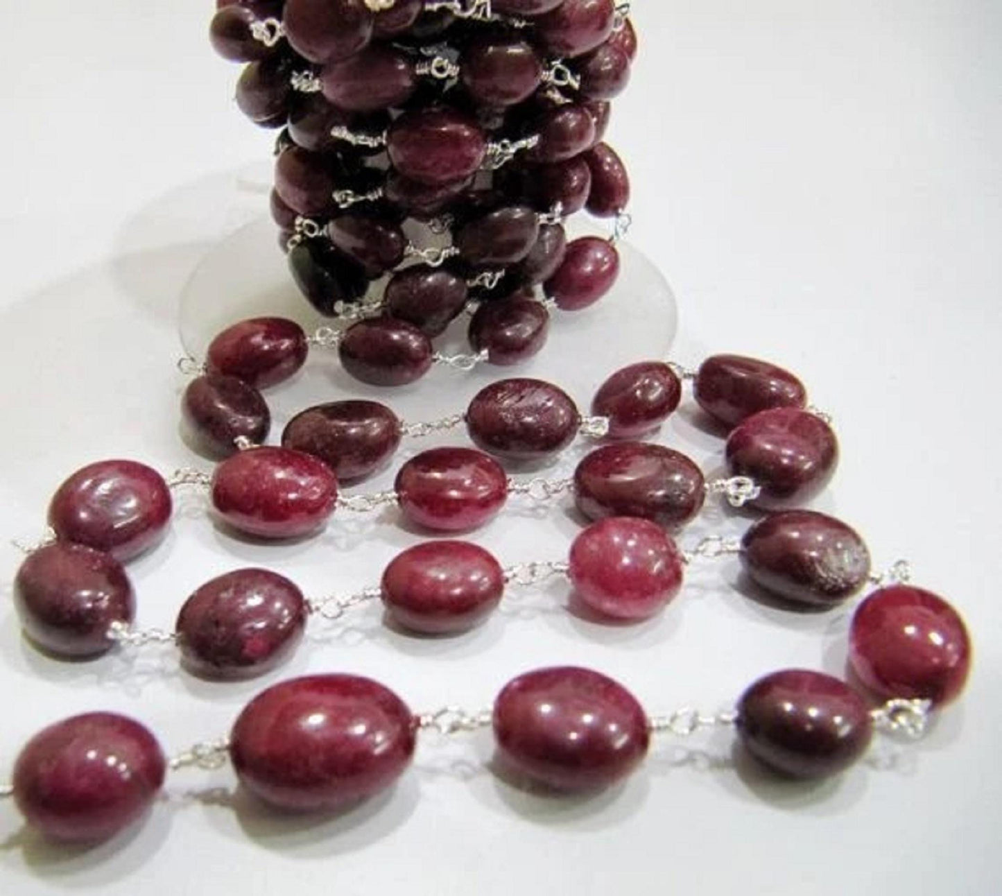 Natural Ruby Rosary Chain, Smooth Oval Beads 8mm to 12mm, Corundum Ruby Beaded Chain Sold Per Foot High Quality Wholesale Prices