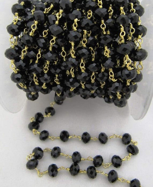 3 Ft- Black Spinel Beaded Rosary Chain Hydro Quartz Rondelle Faceted 6mm Black Onxy Beads Wire Wraped Aati Chain Wholesale Prices