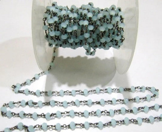 3- Feet Aqua Chalcedony Rondelle Faceted Size 3-4mm  Hydro Quartz Beaded Wire Wrapped Rosary Chain Wholesale Prices Jewelry Making chain