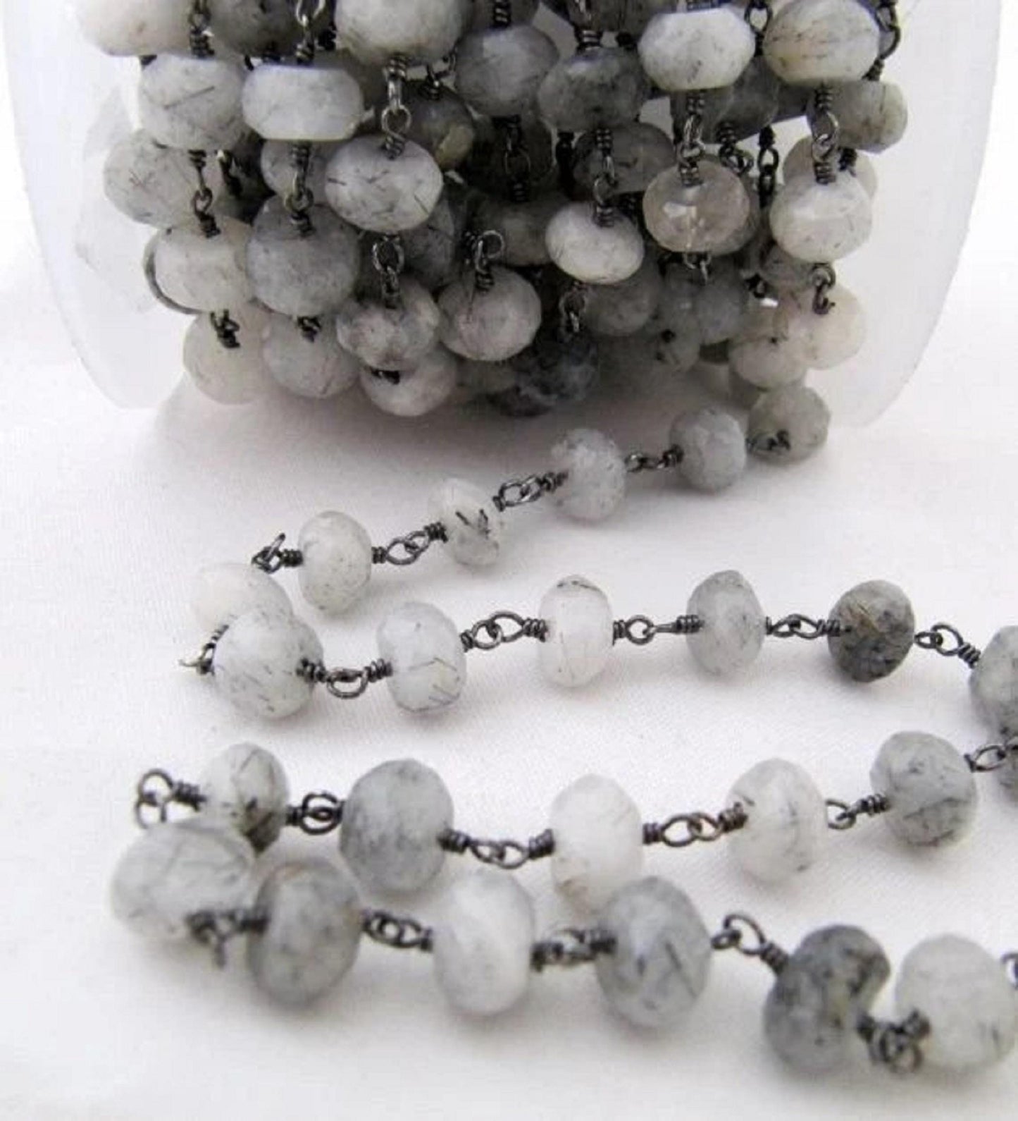 Black Rutilated Quartz Rondelle 6-8mm Briolette Faceted Beaded Rosary Chain Sold Per Foot High Quality Wholesale Prices