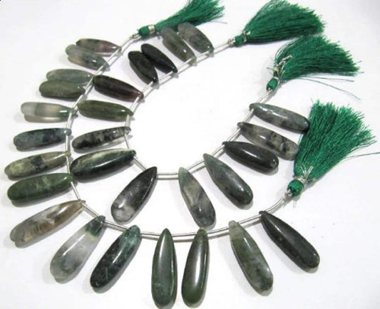 Natural Moss Green Jasper Pear Shape Plain Smooth Briolette beads 9x30mm To 10x35mm Graduated Jewelry Making Strand 8 Inches Long