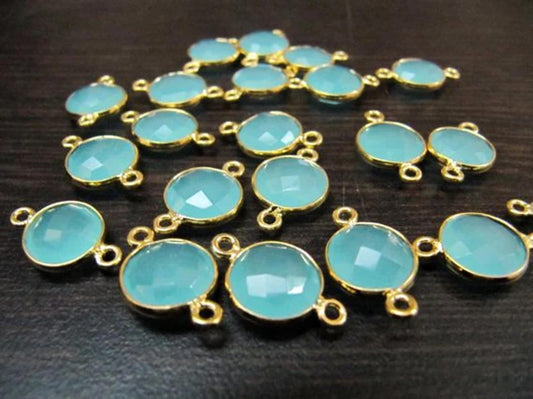 5 Pc Set-: Aqua Chalcedony Coin Shape Connectors Double Loop 10 mm to 11 mm, Briolette Bezel 24Kt Gold Plated  Wholesale Price