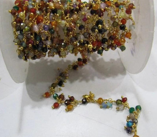 Multi Color Cubic Zirconia Rondelle Faceted  3-4mm Beaded Rosary Wire Wrapped Dangling Chain Wholesale Prices Jewelry sold per foot