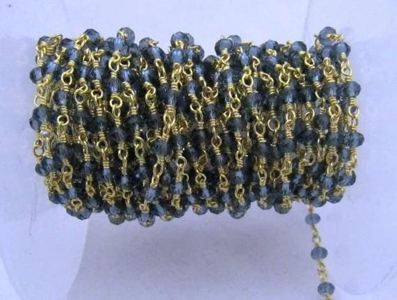 3 Feet-London Blue Topaz Hydro Quartz Rosary Chain Rondelle Faceted Beaded 3mm Size Hydro Quartz Bead Chain Wholesale Prices Crystal chain