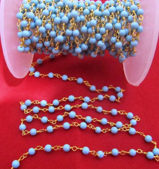 3 Feet-Turquoise Quartz Round 3mm Plain Smooth Wire Wrapped Beaded Rosary Aati Chain Wholesale Prices Jewelry making Chain