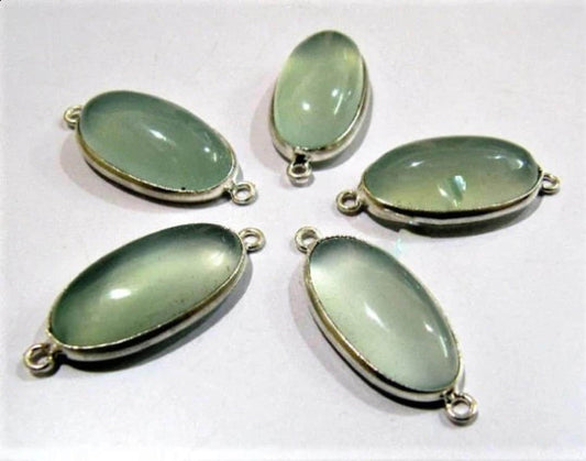 2 Pcs Set Aqua Chalcedony Oval Shape 12x20mm Briolette Connectors Aqua Hydro Quartz Stone Double  Loop Bezel Jewelry Making Bezel Connectors