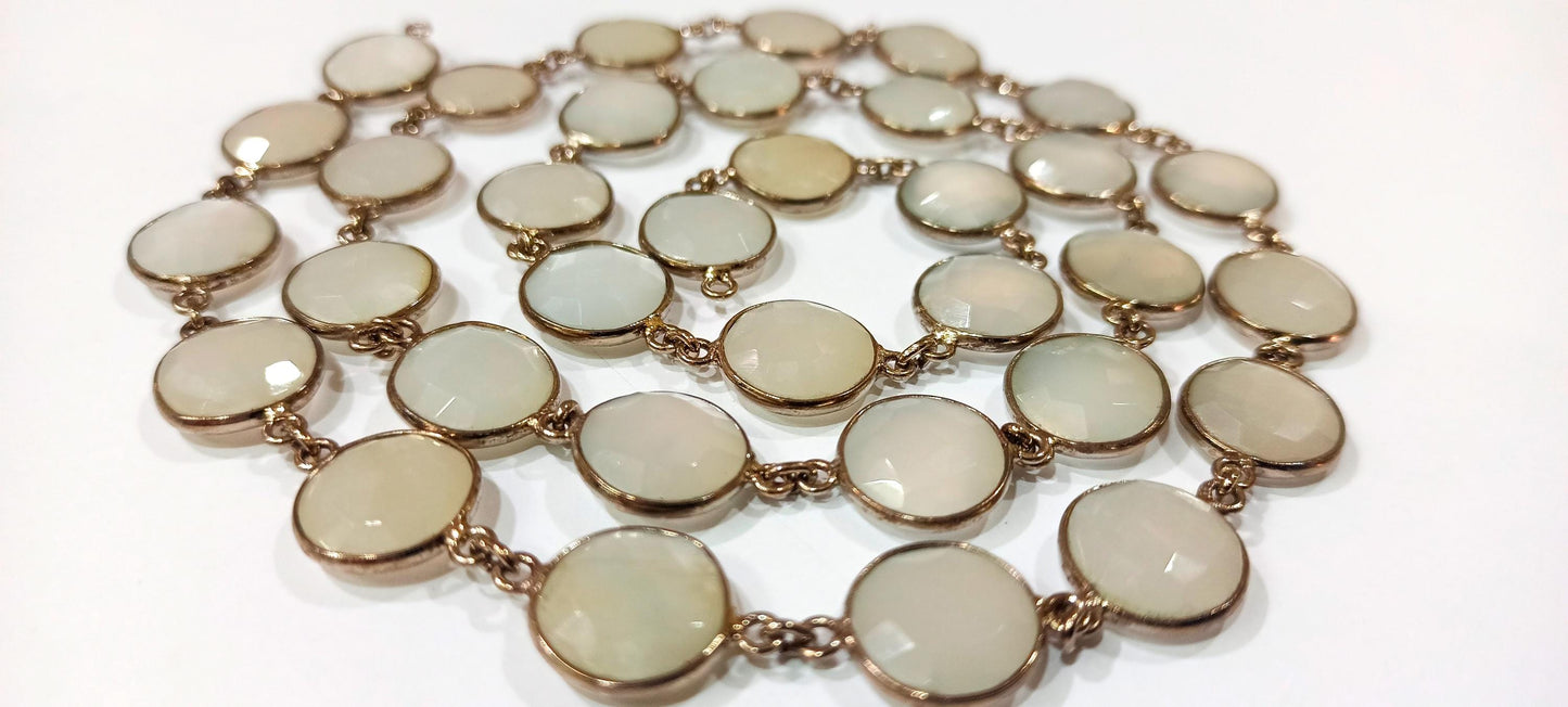Natural White Moonstone Coin Shape Briolette 12mm Bezel Connector Chain Sold Per Foot