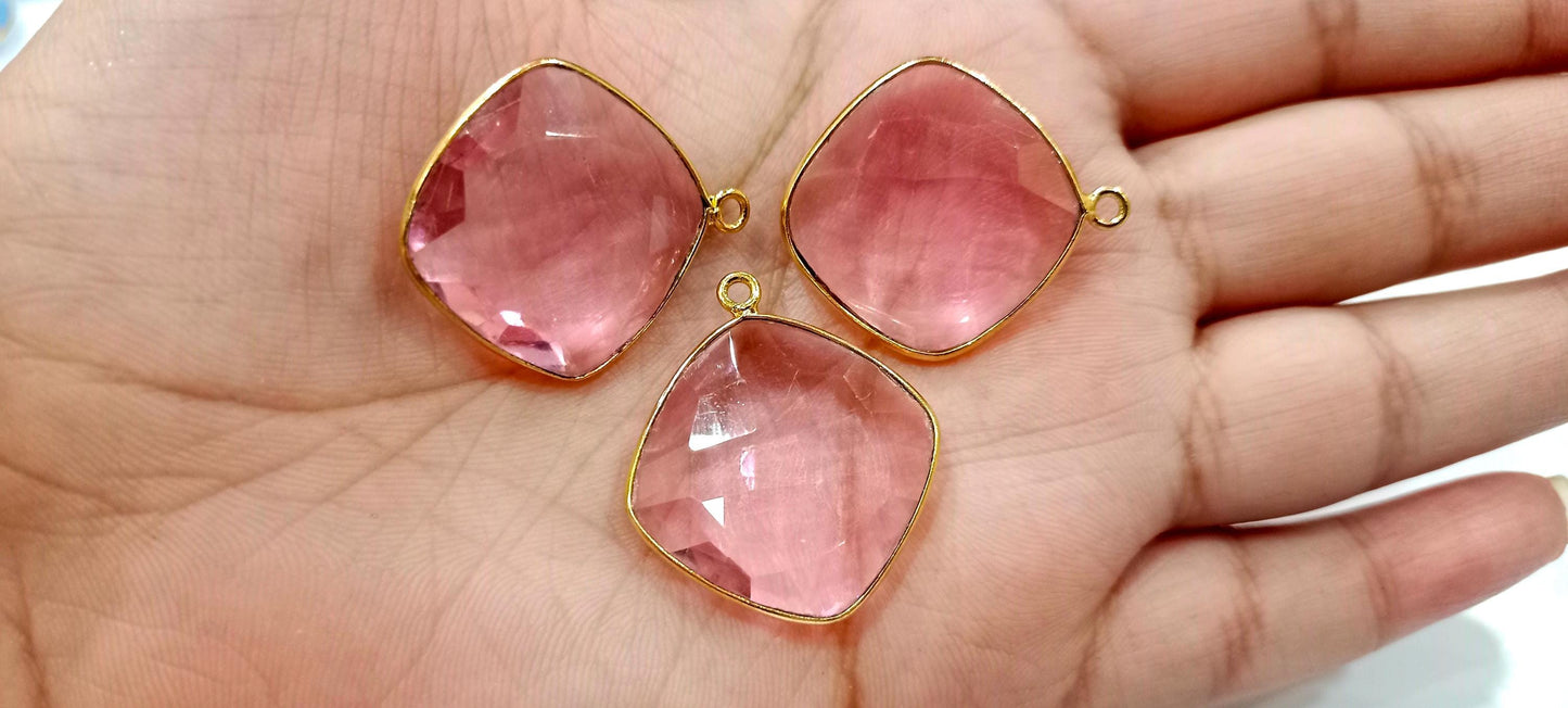 Pink Quartz Cushion Shape  21mm Briolette Connectors Hydro Quartz Corner Single Loop Bezel Charms Jewelry Making Bezel Choose Plating