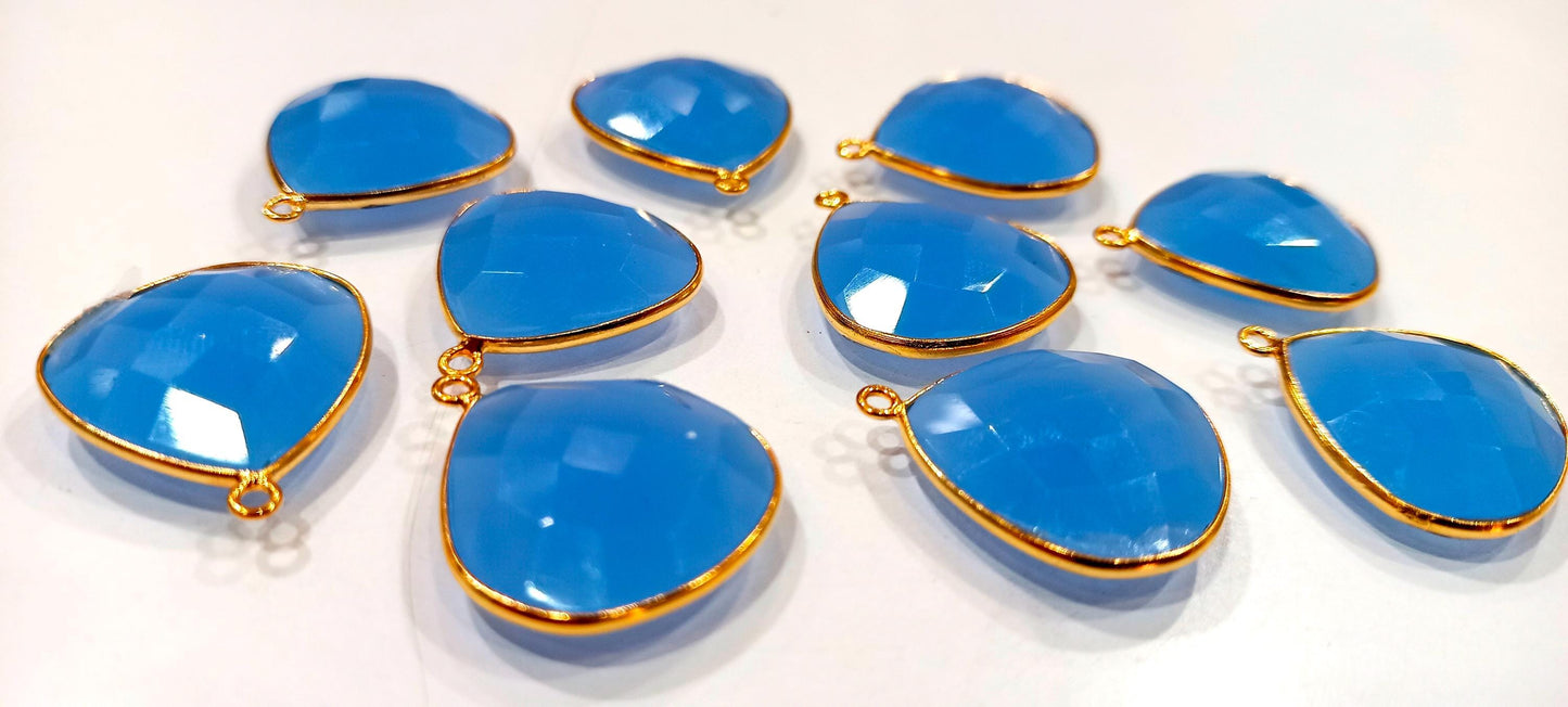 Natural Blue  Chalcedony  Heart Shape 20mm Briolette Single Loop Gemstone Bezel Connector Charms