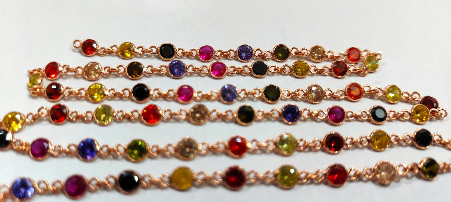 92.5% Sterling Silver Multi CZ Round Diamond Cut 4mm bezel Connector Chain Sold Per Foot Wholesale Price Jewelry making chain