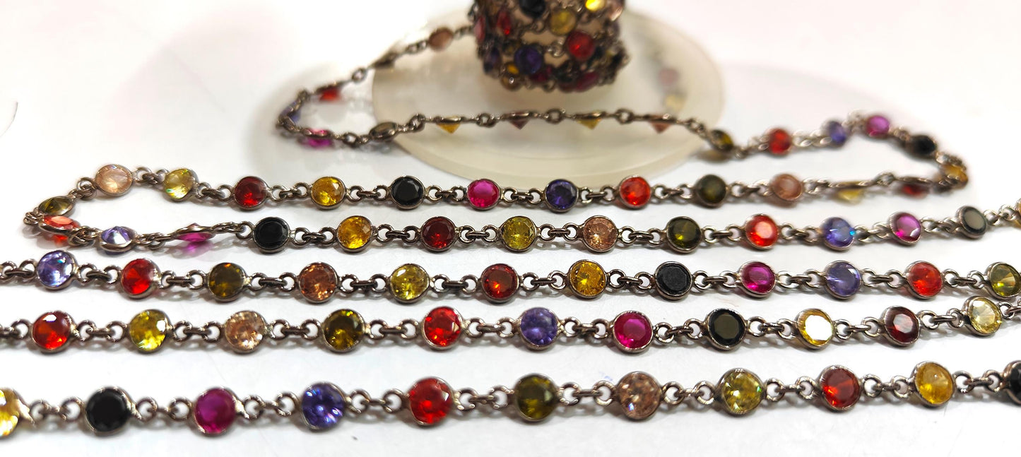 92.5% Sterling Silver Multi CZ Round Diamond Cut 4mm bezel Connector Chain Sold Per Foot Wholesale Price Jewelry making chain
