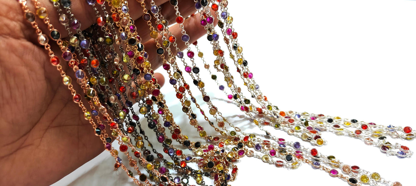 92.5% Sterling Silver Multi CZ Round Diamond Cut 4mm bezel Connector Chain Sold Per Foot Wholesale Price Jewelry making chain