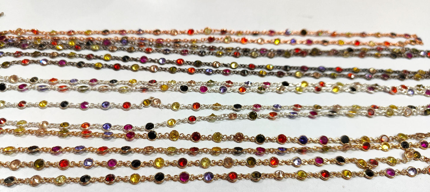 92.5% Sterling Silver Multi CZ Round Diamond Cut 4mm bezel Connector Chain Sold Per Foot Wholesale Price Jewelry making chain