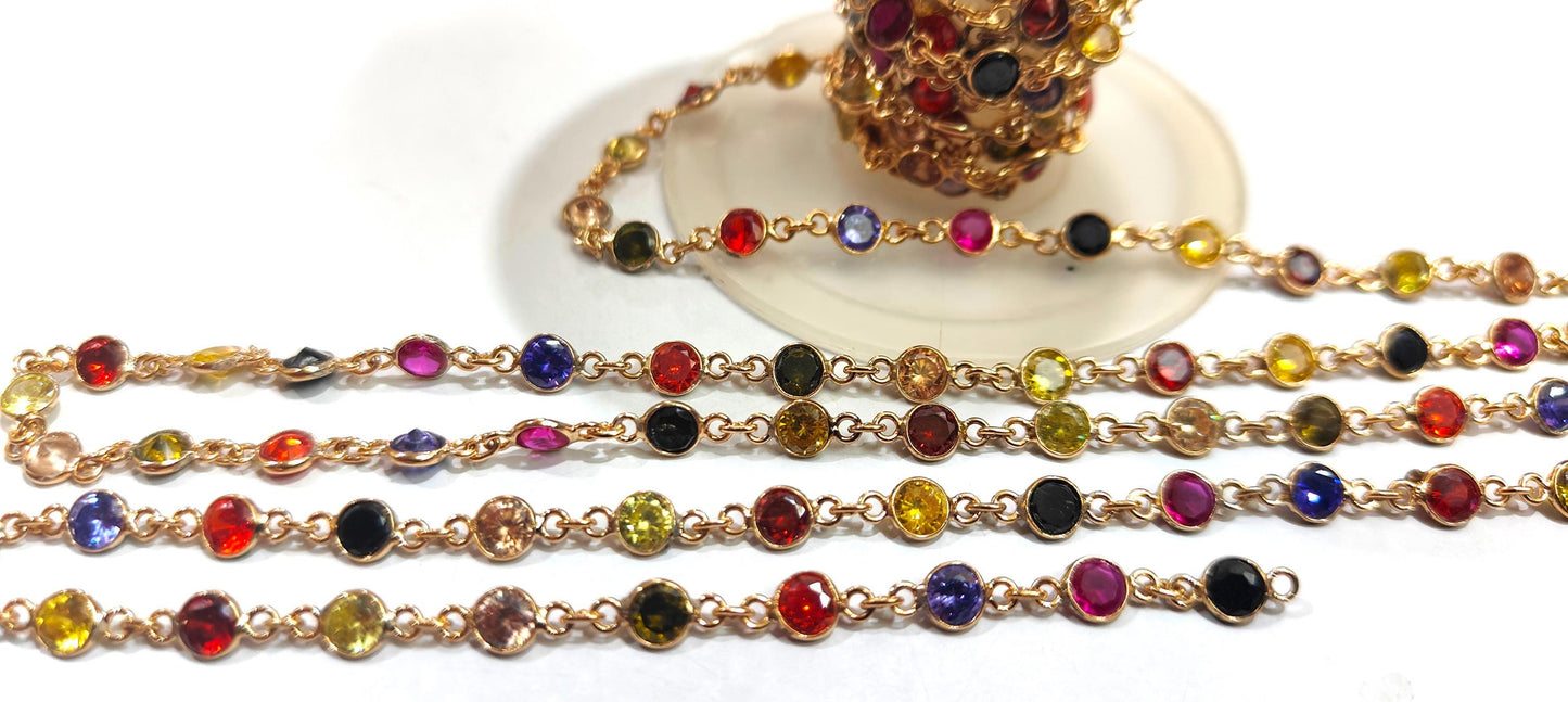 92.5% Sterling Silver Multi CZ Round Diamond Cut 4mm bezel Connector Chain Sold Per Foot Wholesale Price Jewelry making chain